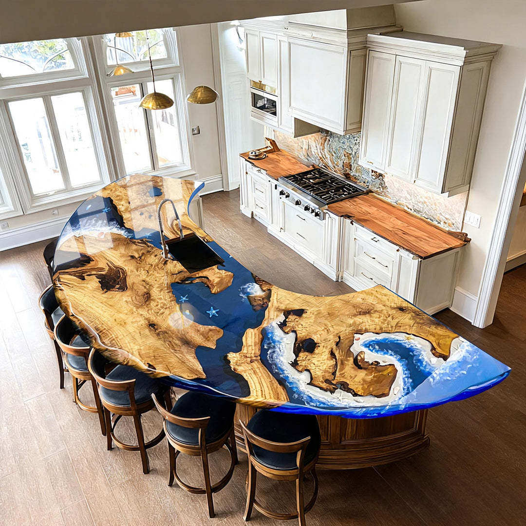 Modern kitchen with a unique dining island design