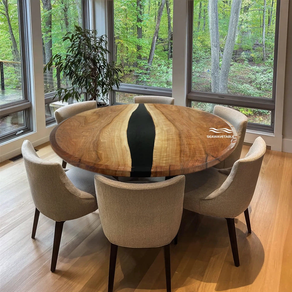 Custom resin black walnut coffee table featuring a natural wooden coffee table top with unique epoxy details - SeaWaveTable