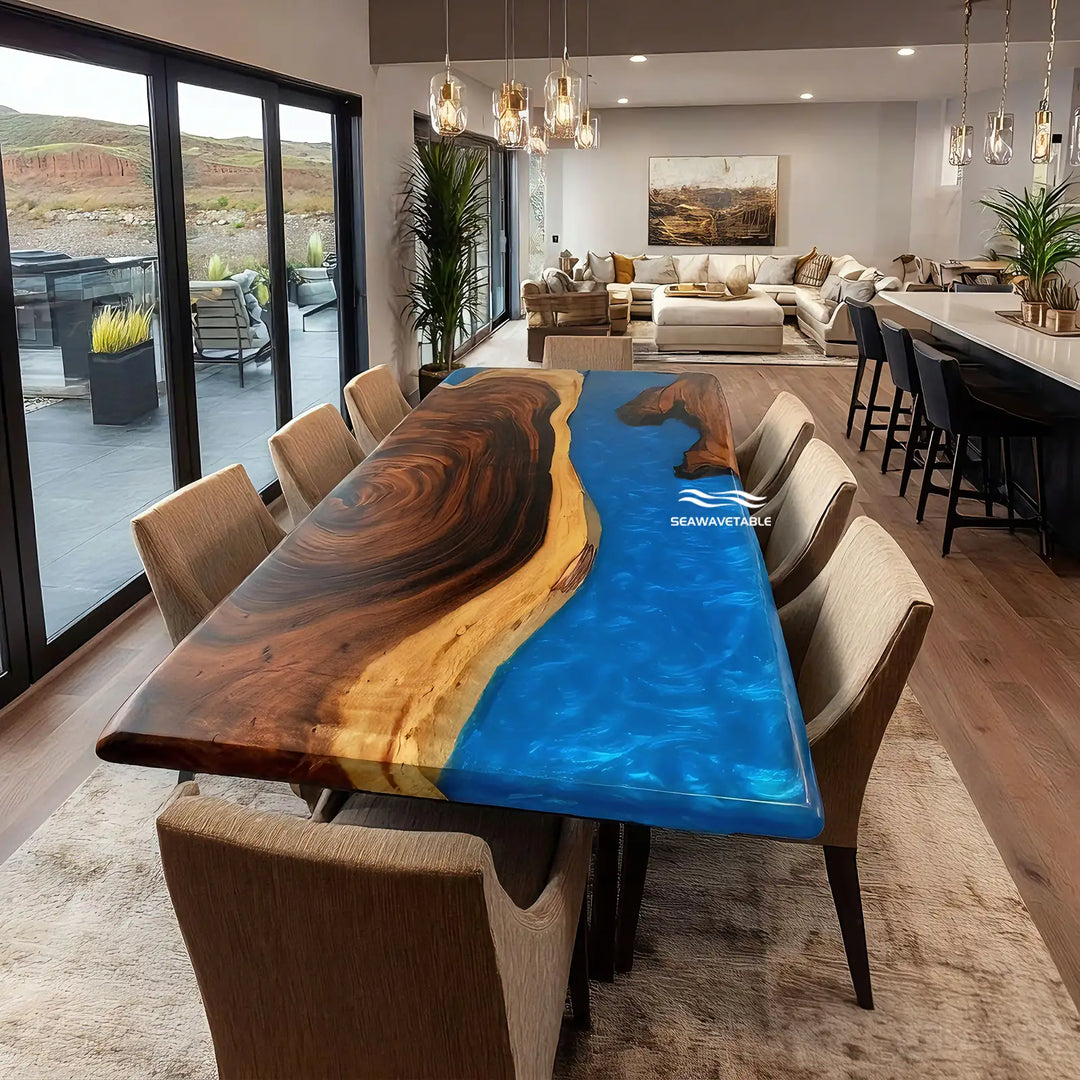 Custom resin walnut dining table in a modern dining room with blue epoxy table design and elegant dining room table setup - SeaWaveTable