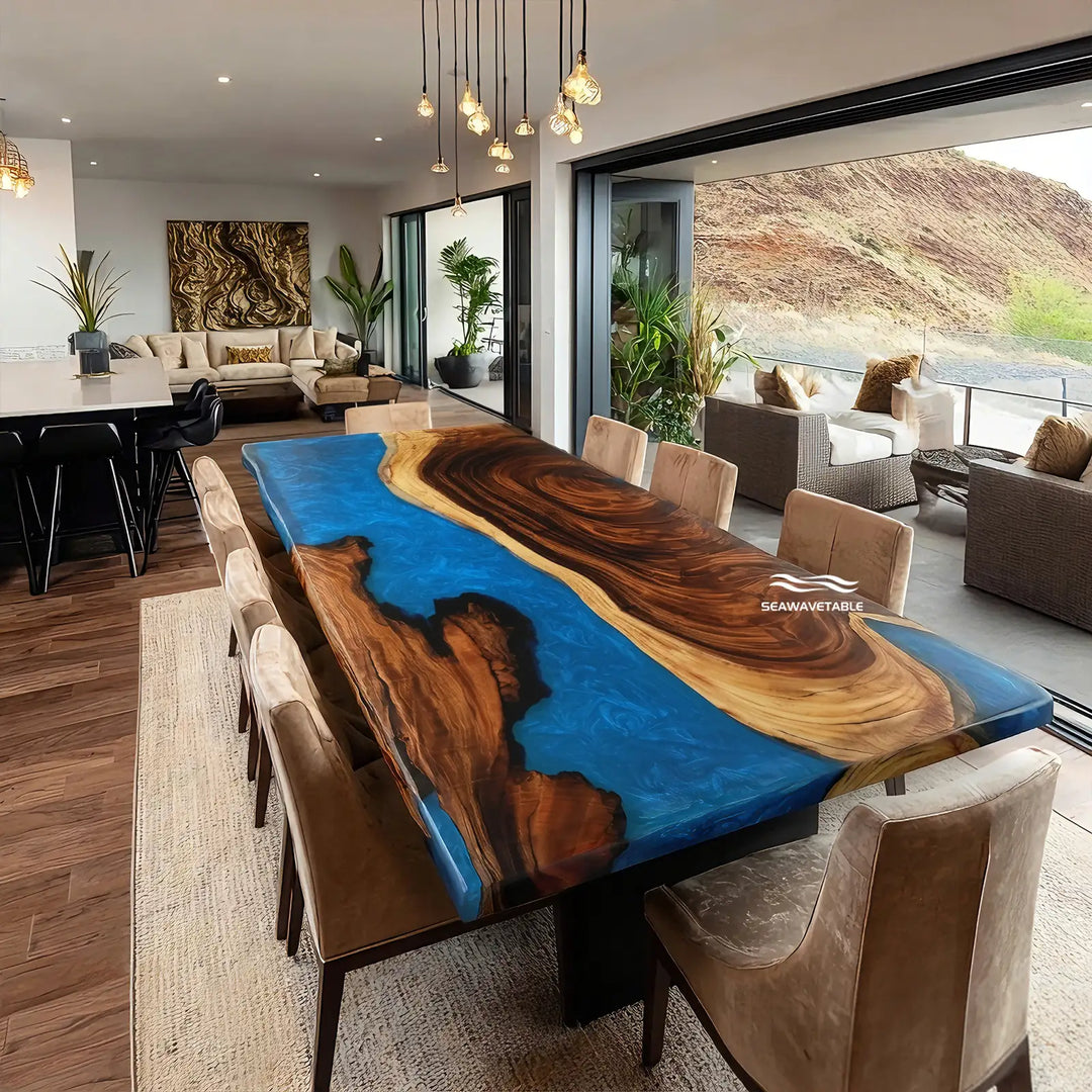 Handmade walnut dining room table featuring a vibrant epoxy table river design, surrounded by chairs in a contemporary interior space - SeaWaveTable