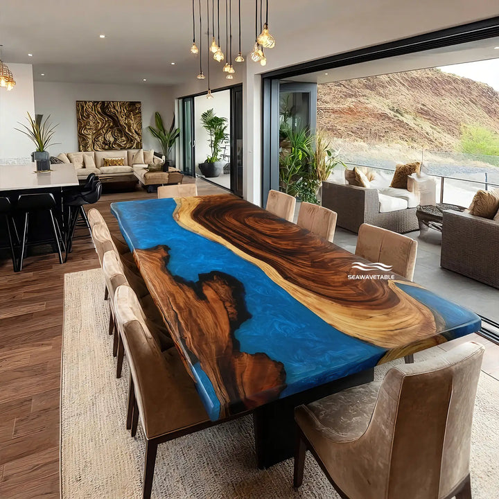 Handmade walnut dining room table featuring a vibrant epoxy table river design, surrounded by chairs in a contemporary interior space - SeaWaveTable