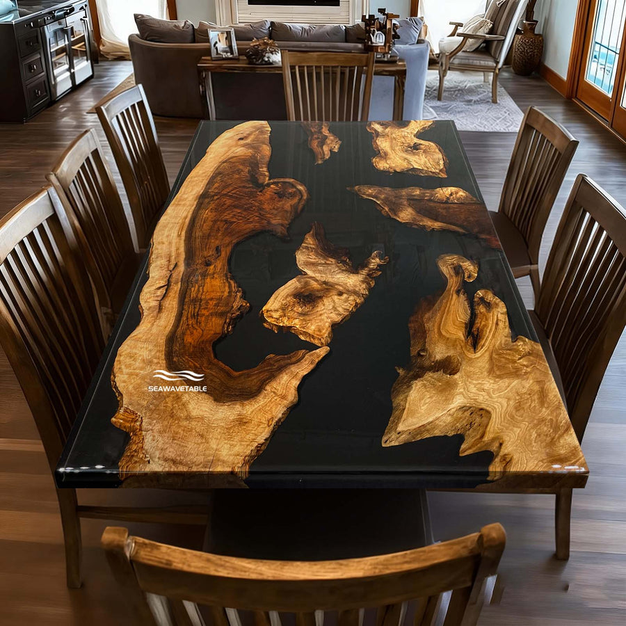 Top view of Denver Mountain Chic Black Walnut table with midnight black resin