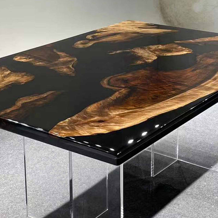 Artisan live edge walnut wood "islands" in black epoxy resin table top