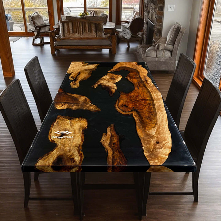 High-gloss midnight black resin inlay in a handcrafted walnut wood art table