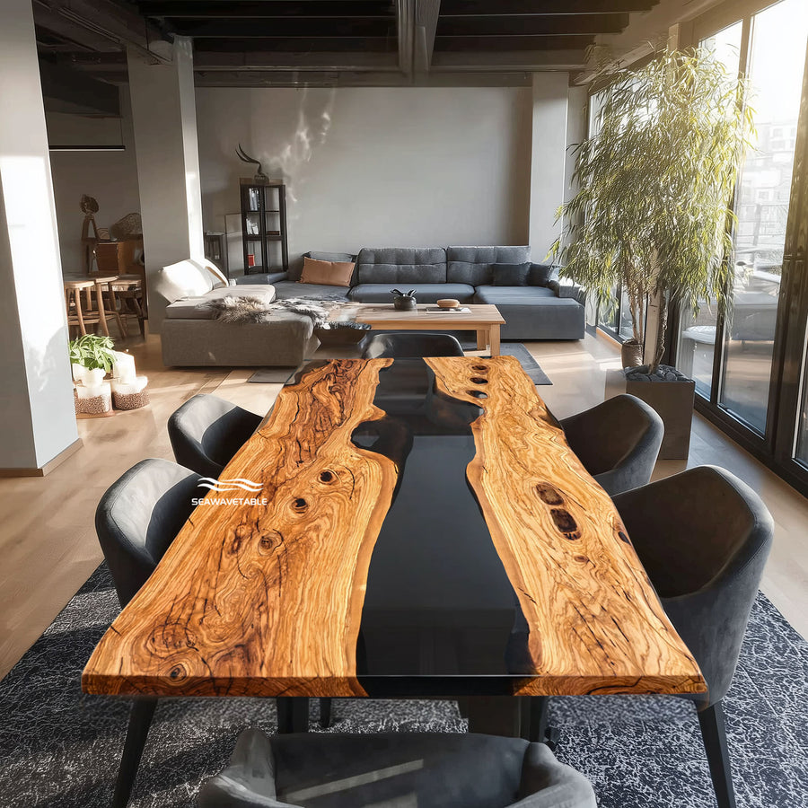 Denver Mountain Rustic live edge dining table with Black Onyx resin river CRT-278.