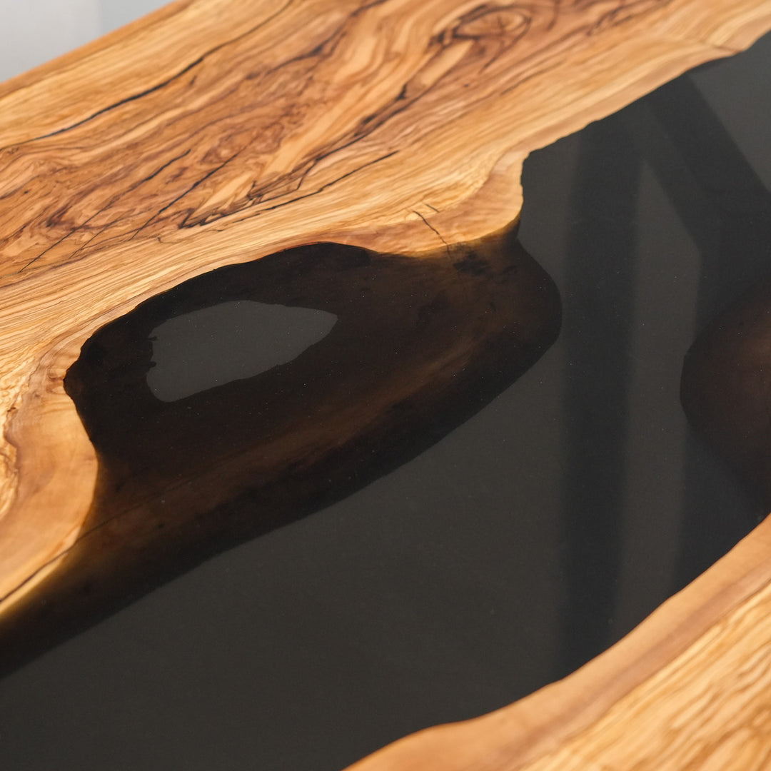 Close-up of wild wood knots and premium black resin craftsmanship CRT-278.