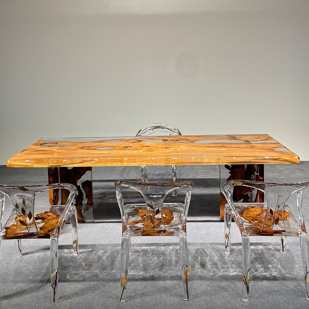 Olive Wood and Resin Dining Table Set with Transparent Chairs