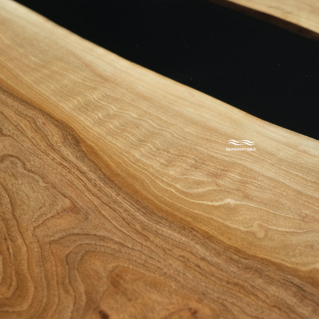Epoxy resin black walnut coffee table detail highlighting the handcrafted table top surface and natural wood patterns - SeaWaveTable