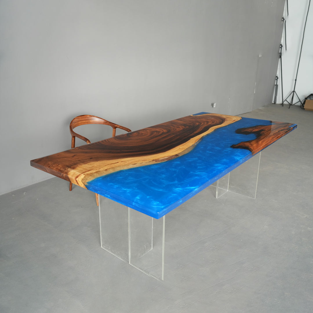 Resin walnut dining room table showcase with rich wood tones, blue epoxy table river design, and elegant tabletop details - SeaWaveTable
