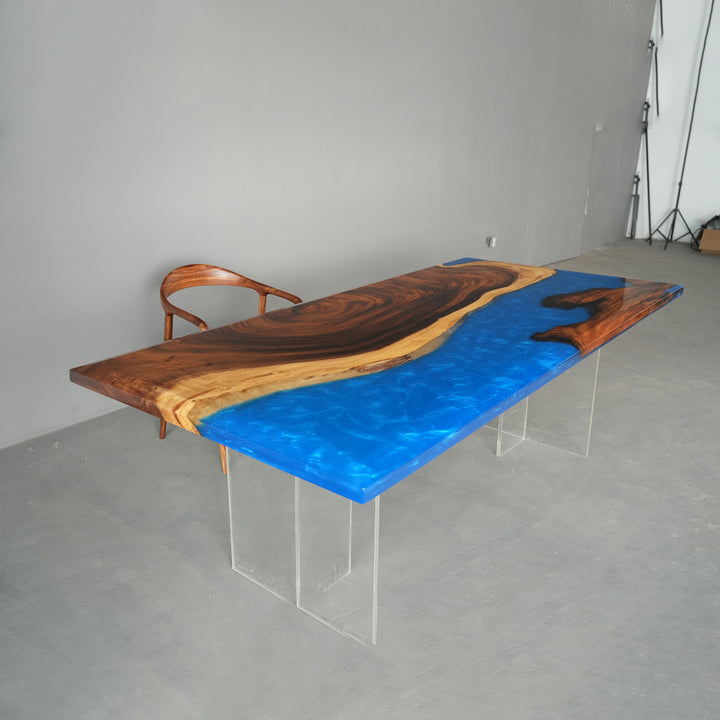 Resin walnut dining room table showcase with rich wood tones, blue epoxy table river design, and elegant tabletop details - SeaWaveTable