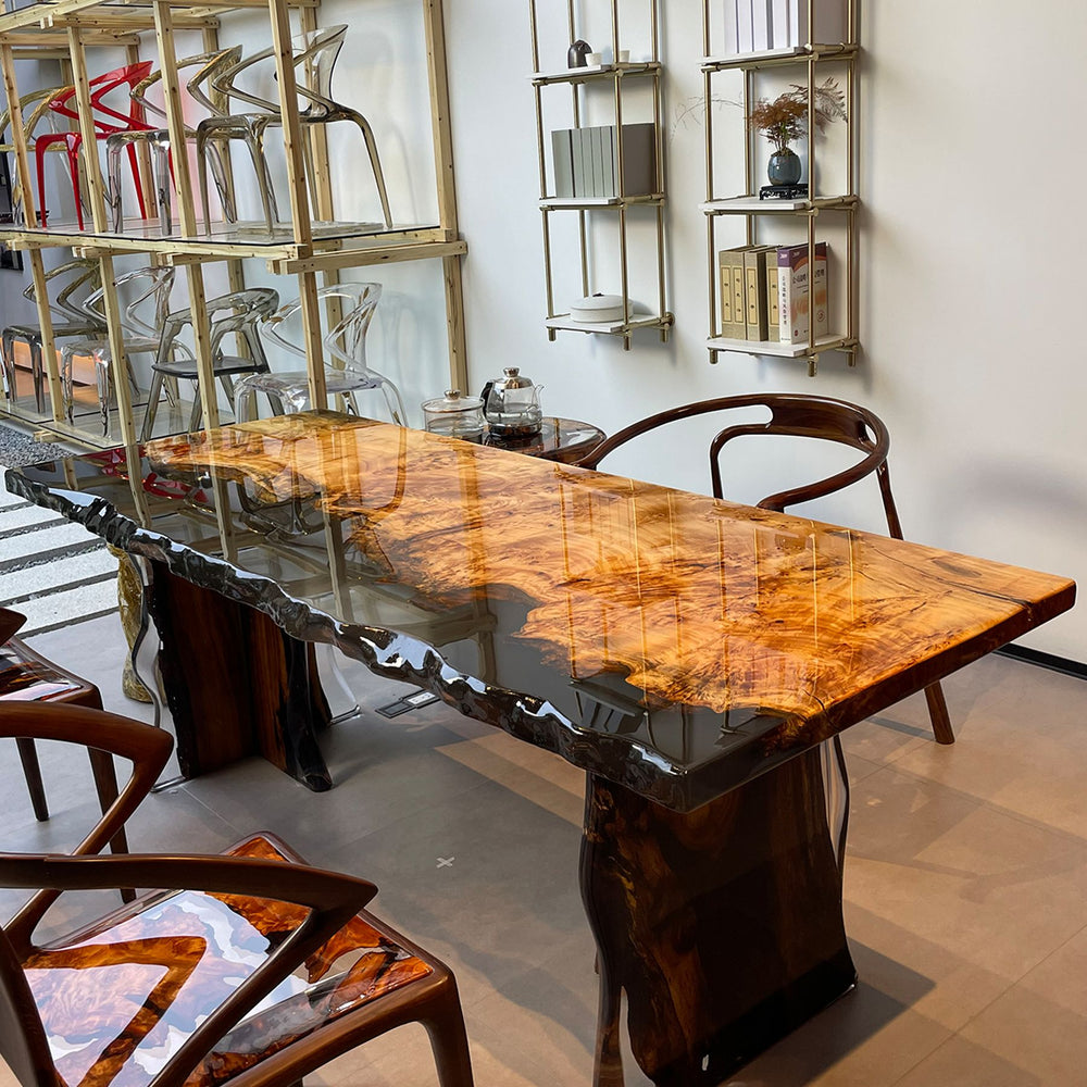Gorgeous live - edge resin dining table made of poplar wood with matching chairs