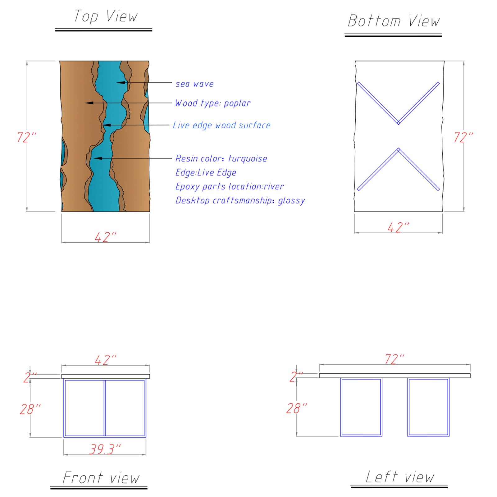 Close-up of poplar dining table top with shimmering blue resin, poolside pavilion