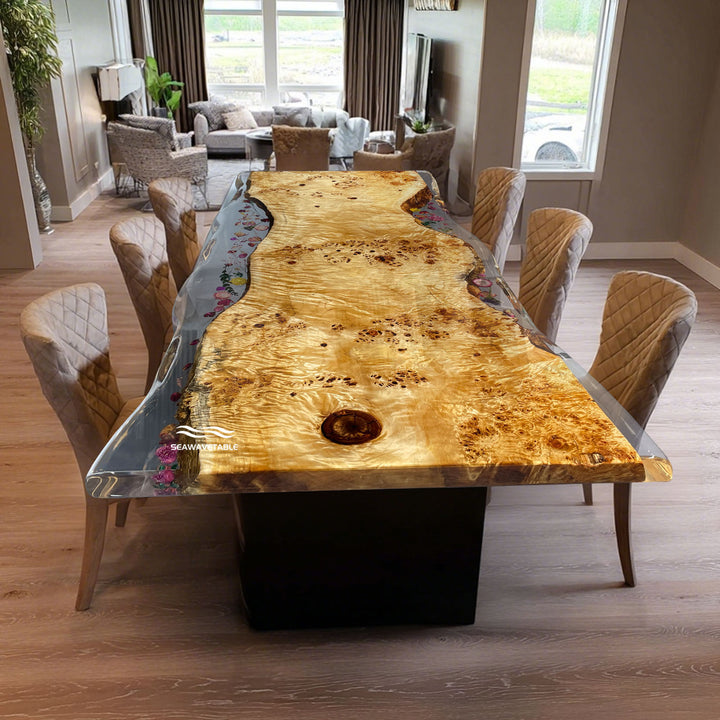Poplar burl clear epoxy floral river dining table in Florida coastal style