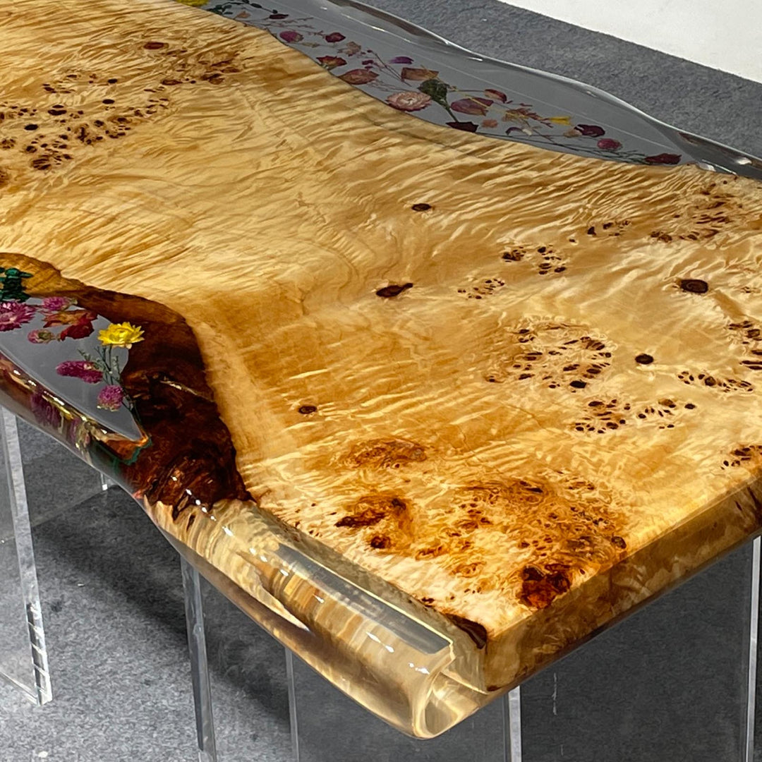 Coastal luxury epoxy table with natural poplar burl grain