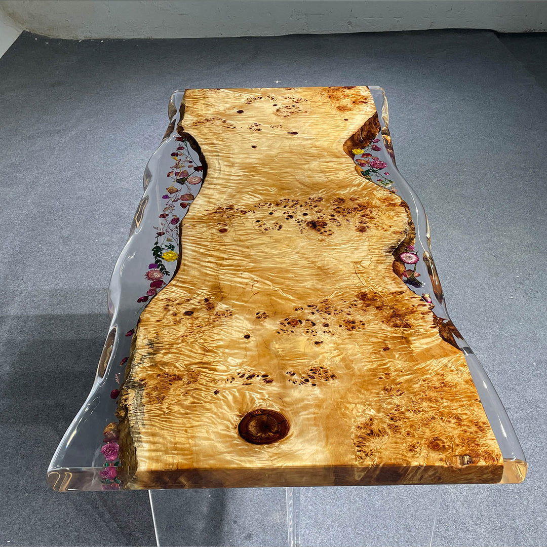 Luxury poplar epoxy river table with embedded floral details