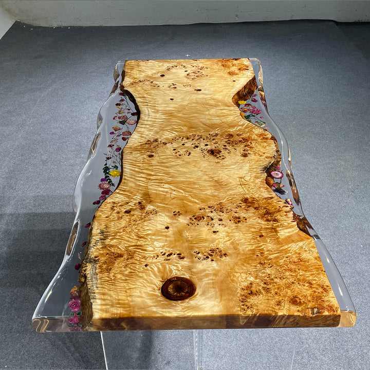 Luxury poplar epoxy river table with embedded floral details
