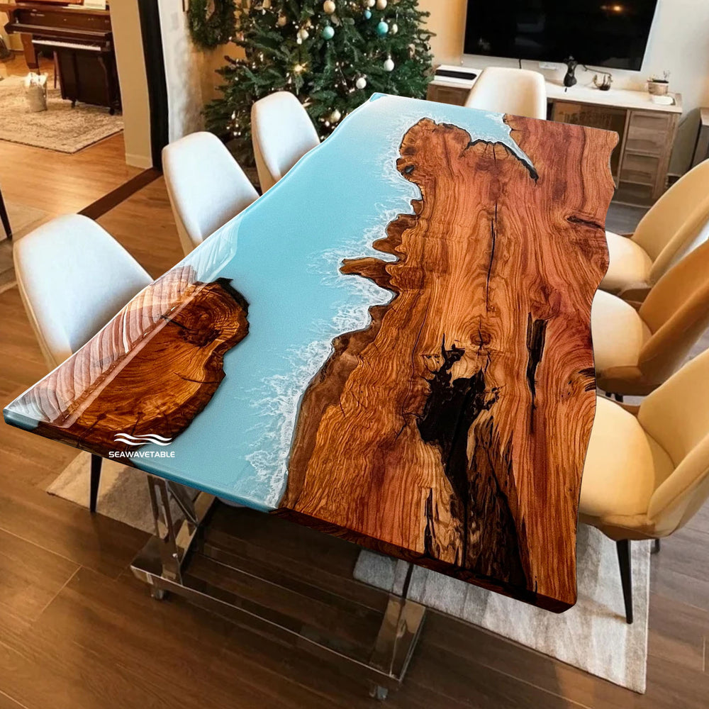 Olive wood dining table with glossy blue resin and wave effect, 42" by 84"