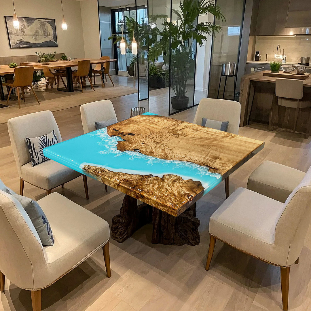 Golden Camphor wood and Ocean Serenity epoxy coffee table with glossy finish