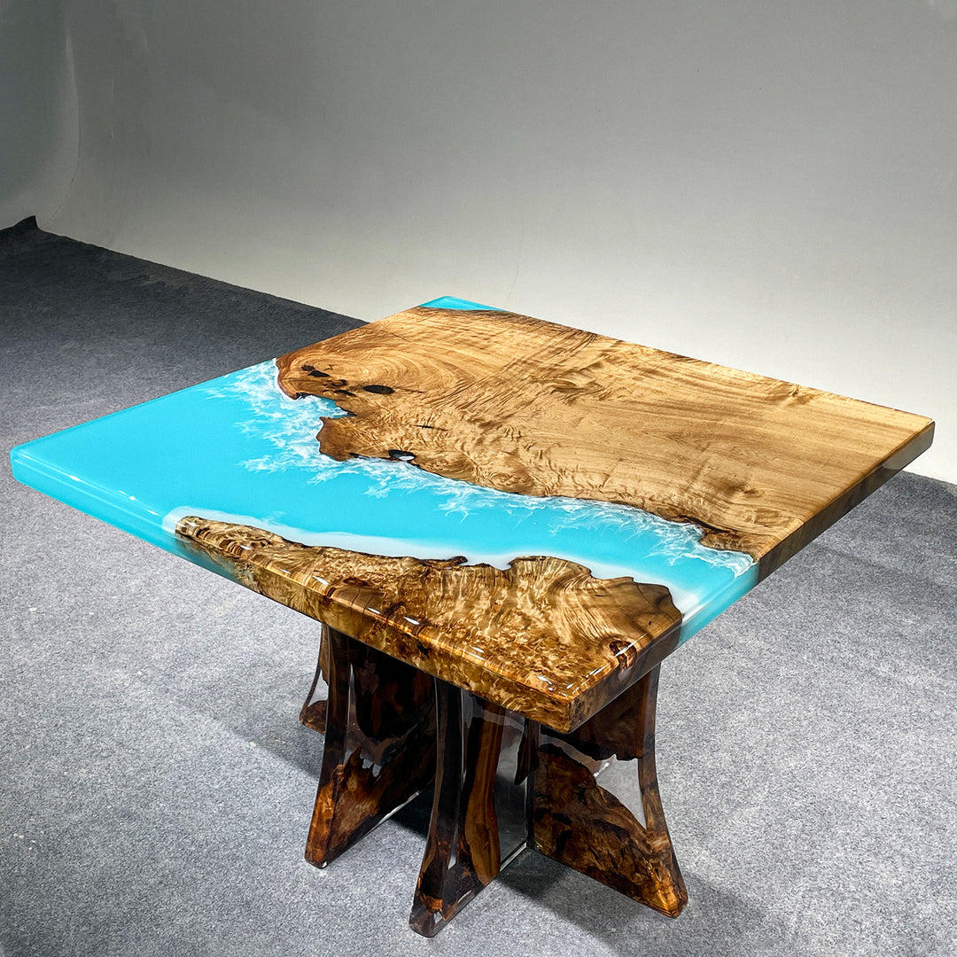 Live edge golden camphor epoxy side table in ocean blue resin