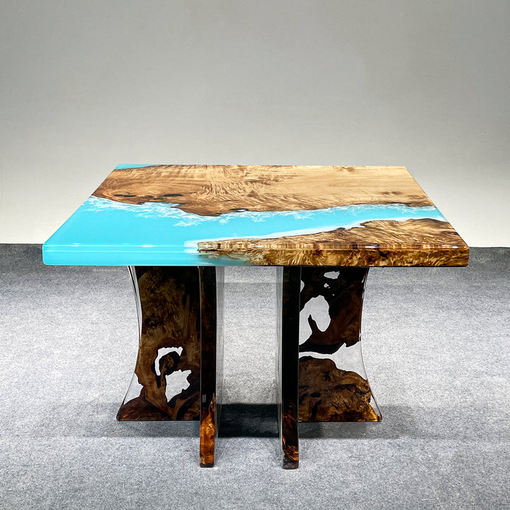 42x41 inch golden camphor wood and blue resin table with straight edge