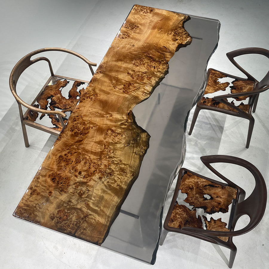 Exquisite live - edge resin table with poplar wood, accompanied by matching chairs