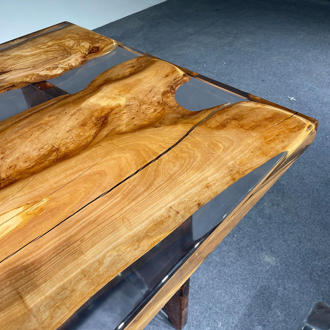 Close - up of Olive Wood and Resin Table, Showcasing Natural Grain and Glossy Resin