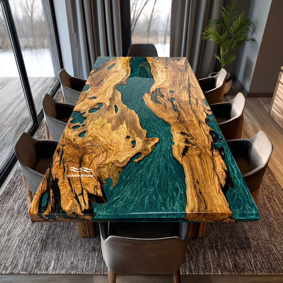 Modern resin wood furniture – large river dining table for luxury interiors