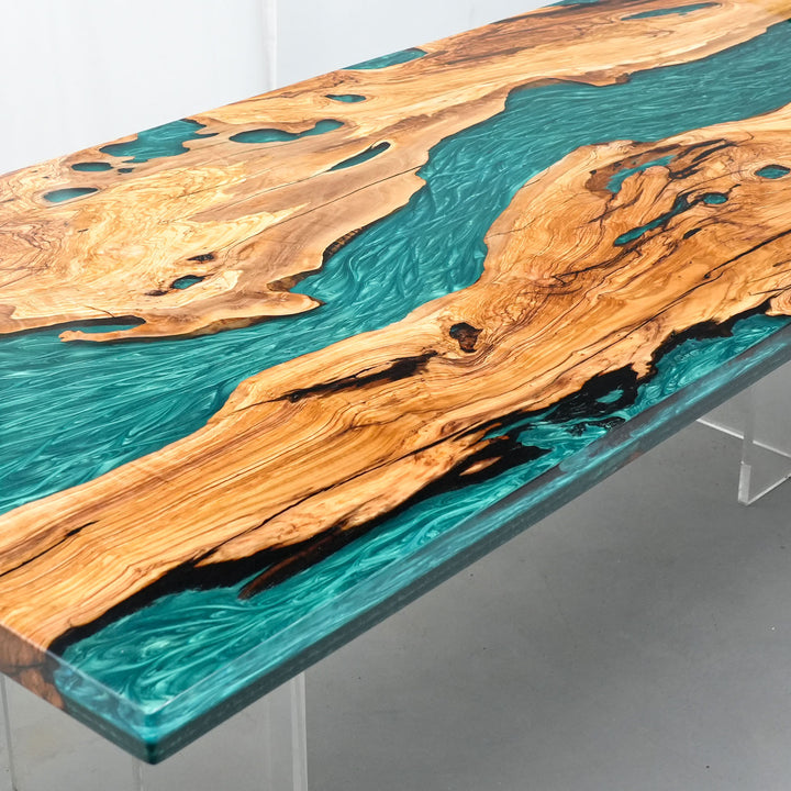 Modern epoxy resin river table with customizable color and edges