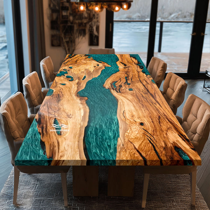 Handmade epoxy resin dining table with custom straight edge walnut slab