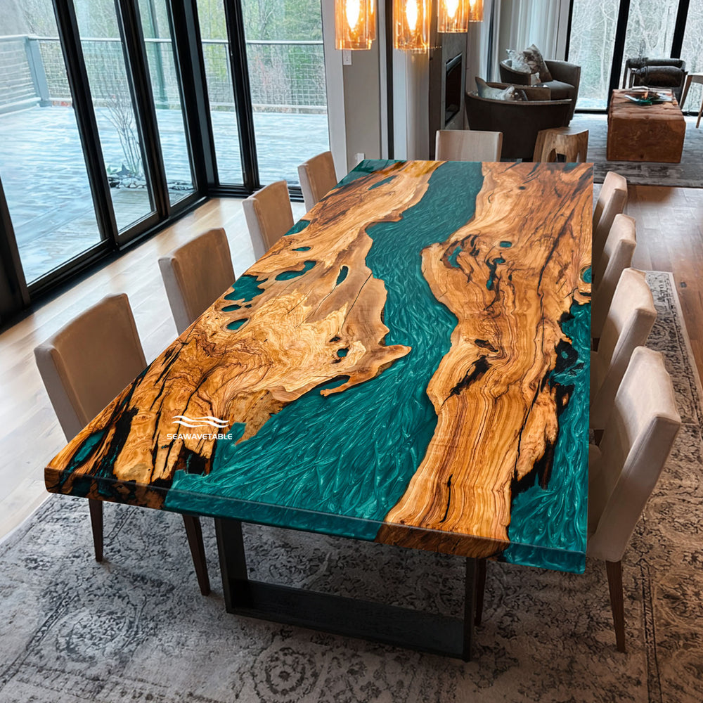 Luxury oversized resin river dining table with natural walnut wood and epoxy finish