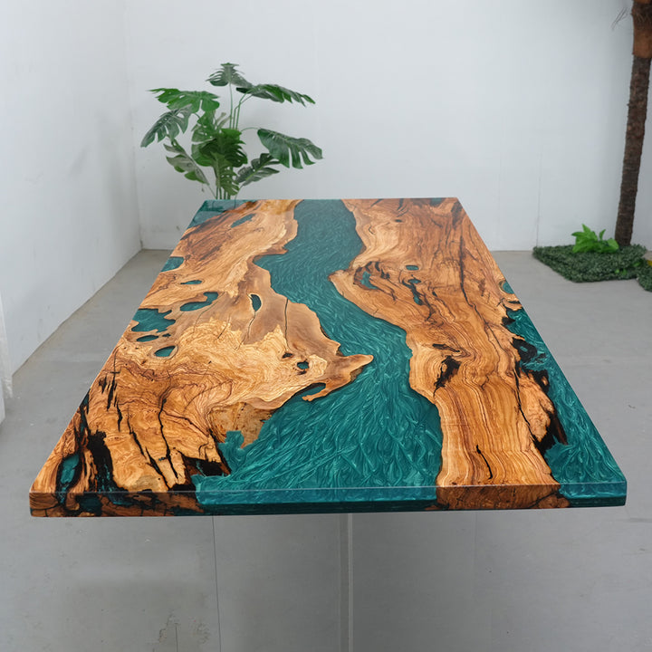 Grand luxury epoxy wood dining table with teal resin river design