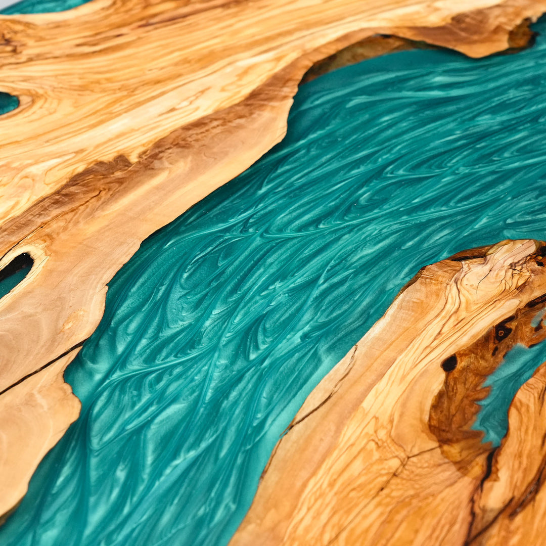 Oversized epoxy river dining table with unique custom wood options