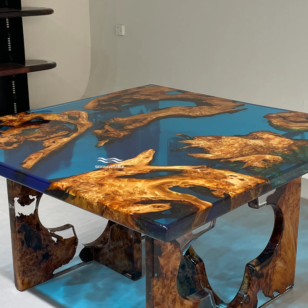 Craftsman creating a Cunninghamia resin top table coffee table with natural wood slabs and epoxy details in a professional handmade furniture workshop - SeaWaveTable
