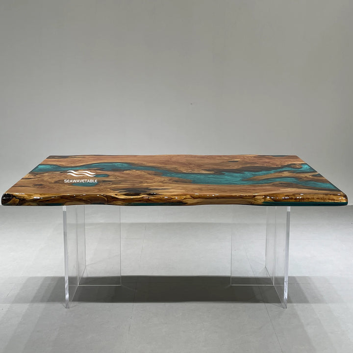 Craftsman hand-finishing an olive resin dining table with epoxy table techniques in a professional workshop, creating a premium wood dining table - SeaWaveTable