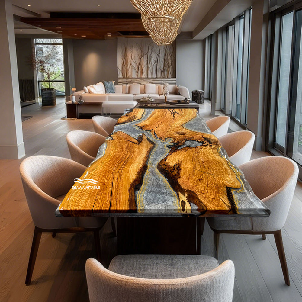 Handcrafted silver river epoxy dining table with golden live edge wood
