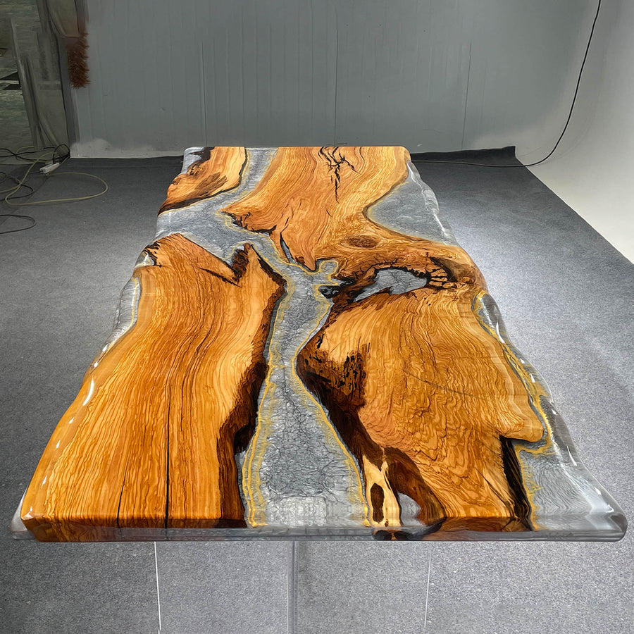 Live edge epoxy dining table with natural wood grain pattern