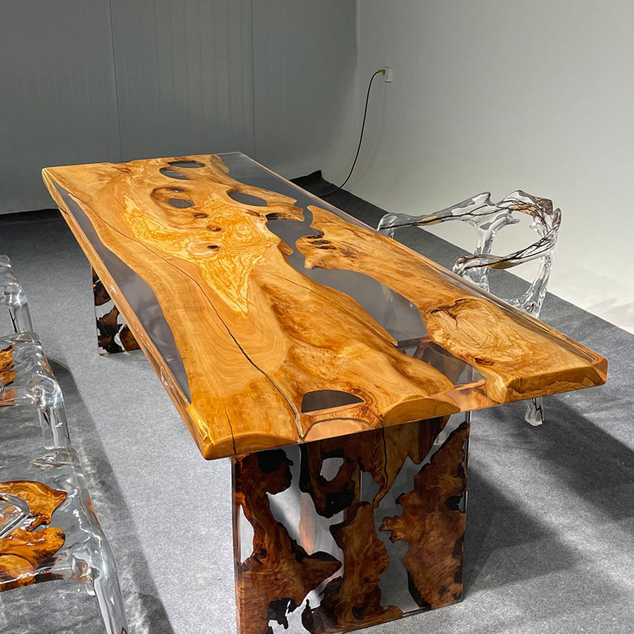 Olive wood and resin dining office table