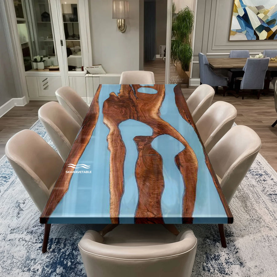 Tropical resort style black walnut epoxy table with ocean blue resin