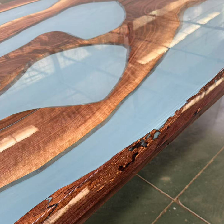 Sky blue epoxy resin table with natural black walnut wood slabs