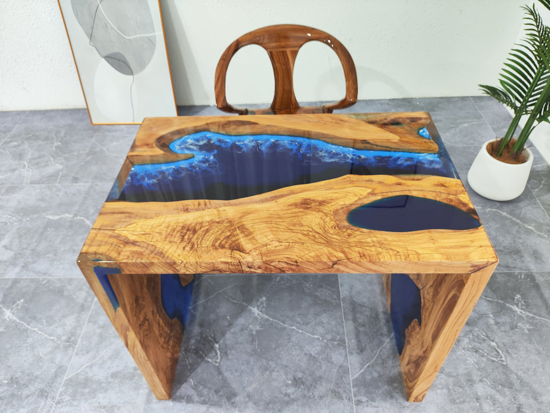 Custom glossy oval olive wood blue with wave resin table 30"W*70"L for Jessica