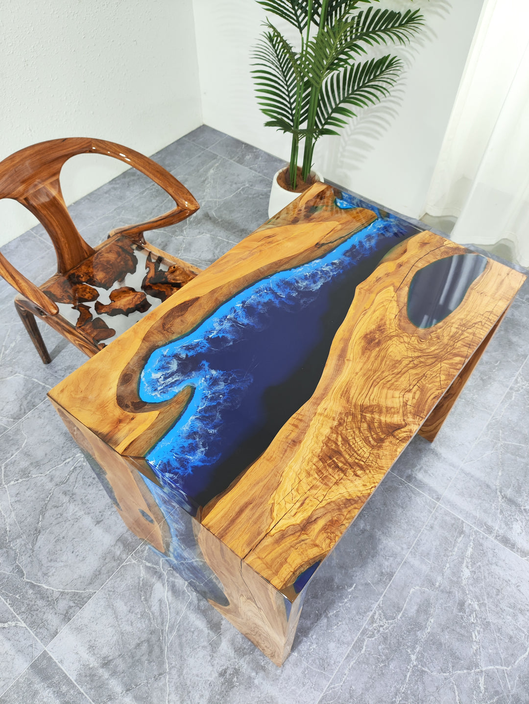 Custom glossy oval olive wood blue with wave resin table 30"W*70"L for Jessica