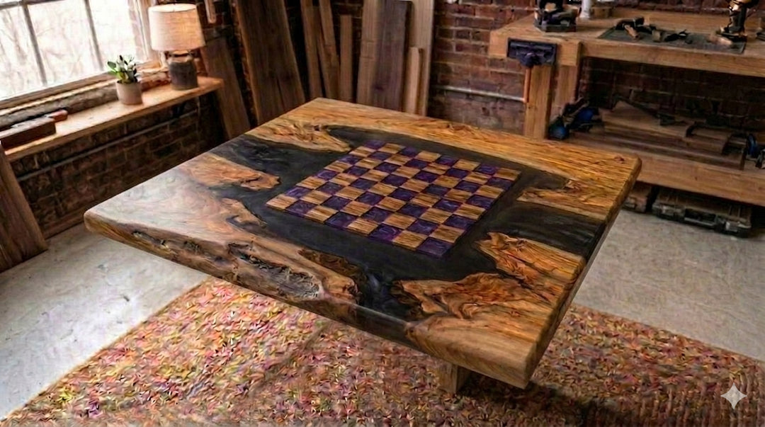 Justin's Custom Olive Wood Epoxy Table Top – Deep Purple & Black | 36" × 34"