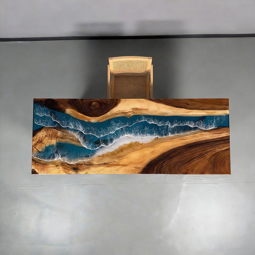 Custom solid wood resin river table with coastal shoreline effect