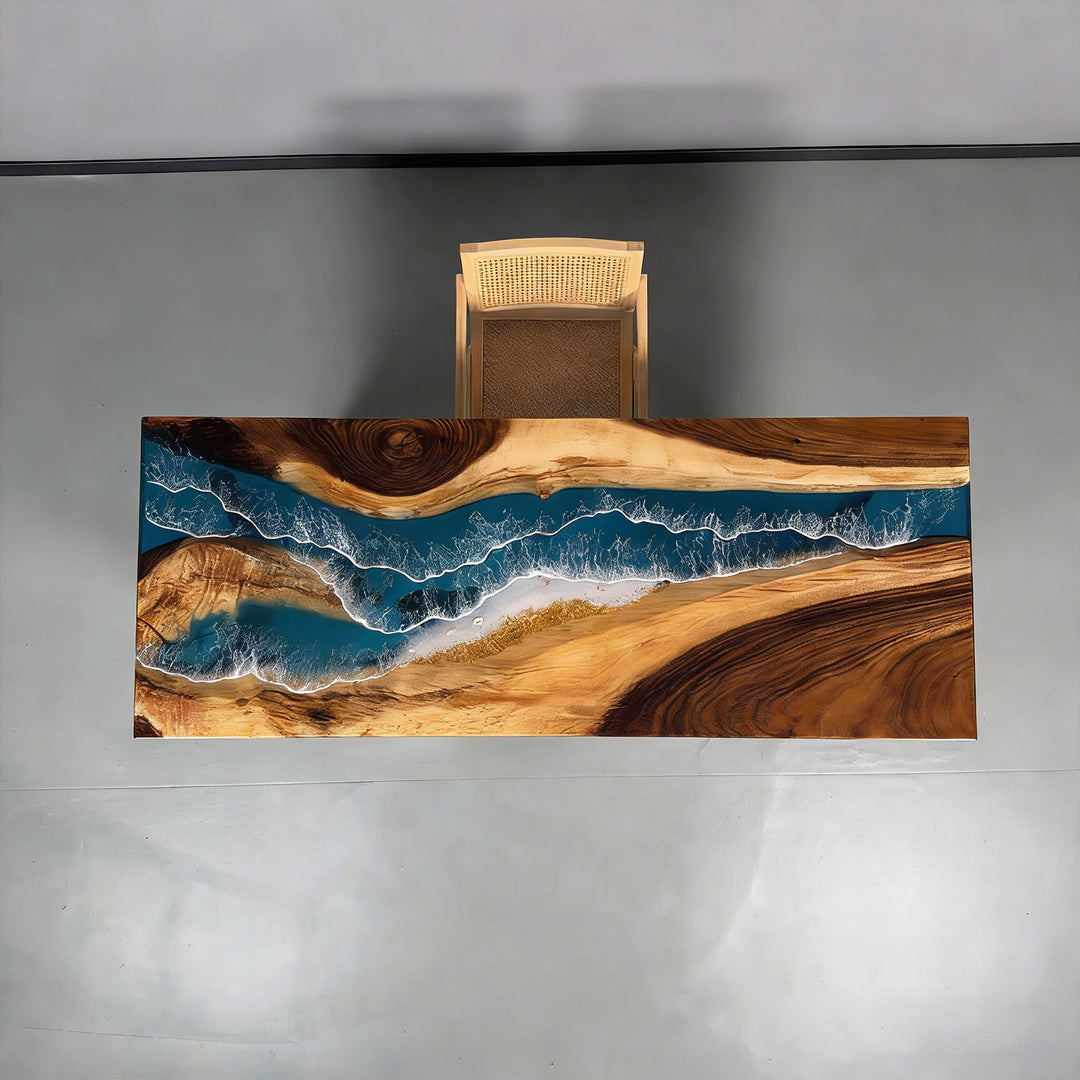 Custom solid wood resin river table with coastal shoreline effect