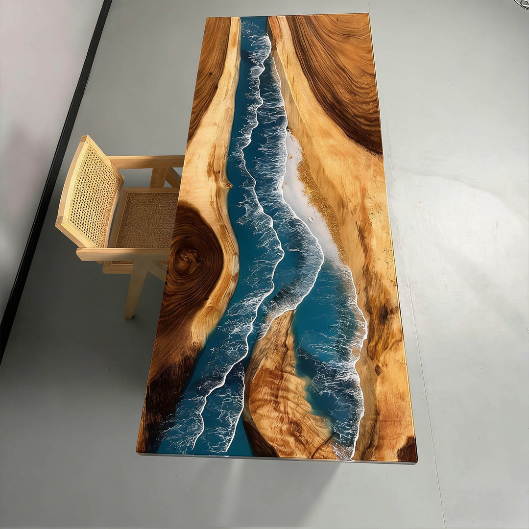 High-end epoxy resin dining table combining wood grain and ocean waves