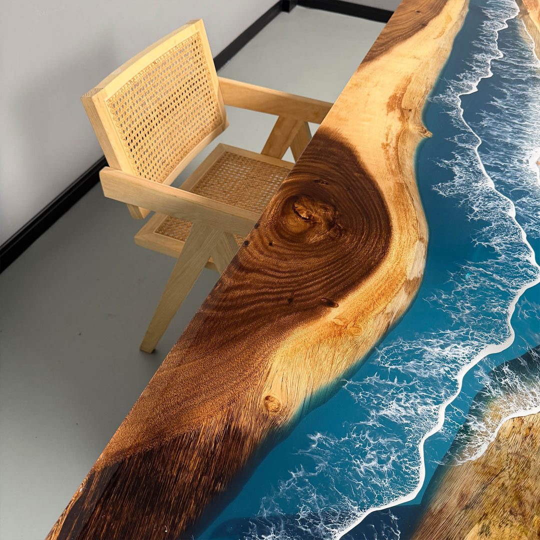 Modern statement dining table with flowing wave resin design
