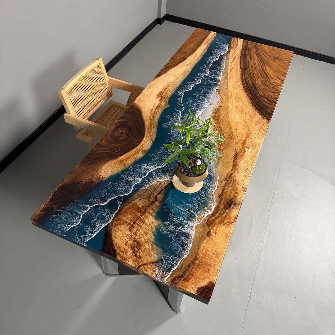 Artistic wood and resin dining table with layered blue wave details