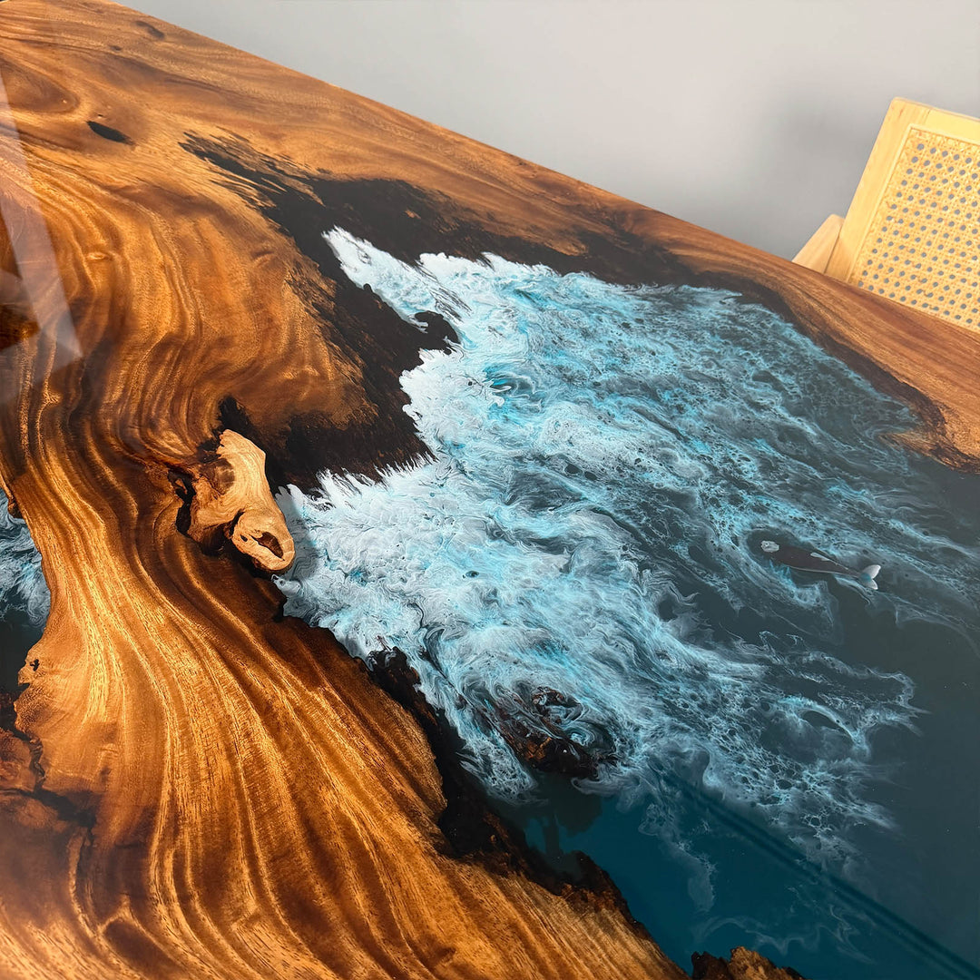 Handcrafted solid wood epoxy river table inspired by ocean waves