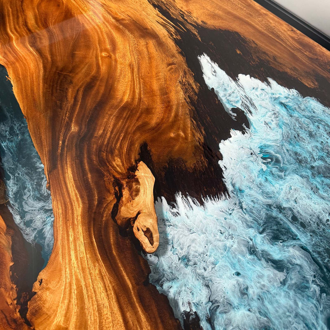 Designer epoxy resin river table with dramatic ocean wave effect