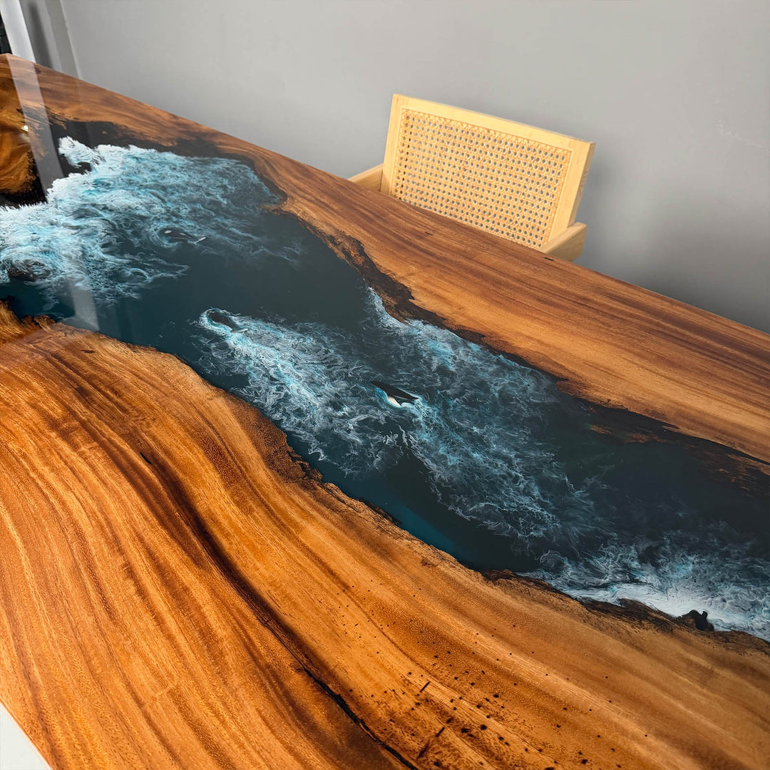 Contemporary wood and resin river table with coastal ocean design